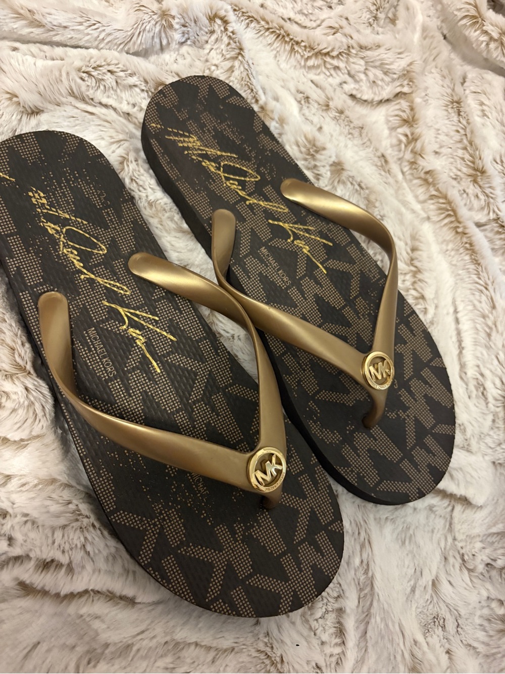 Michael Kors Gold Strap Logo Flip Flops